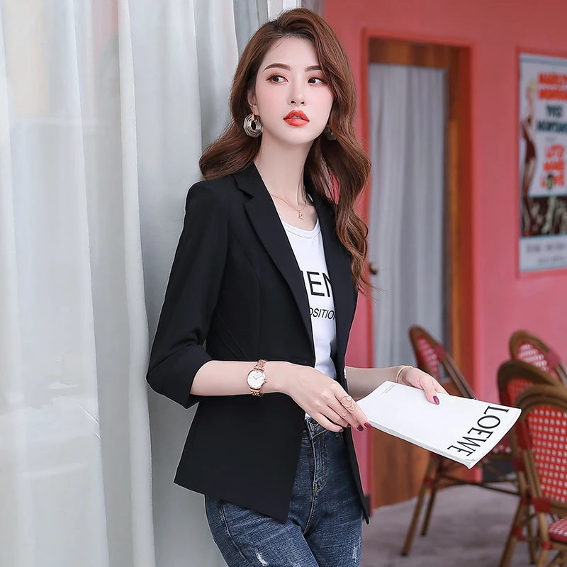 

Casual Blazer Women Fashion Wild Temperament 3/4 Sleeve Slim Jacket Office Ladies Professional Work Coat Black White Plus Size