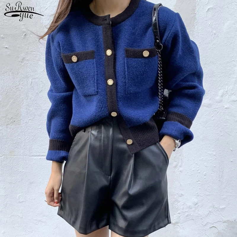 

Knitted Cardigan Korean Autumn Sweater Retro O-neck Pocket Stitch Contrast Loose Clothes Elegant Casual Jacket Coat Women 16600