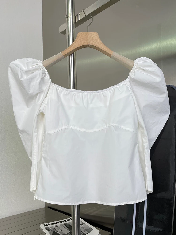 

French Vintage Square Neck Puff Sleeve White Shirt 2021 Summer Women's Clothing Fold Stitching One-Shoulder Top Streetwear
