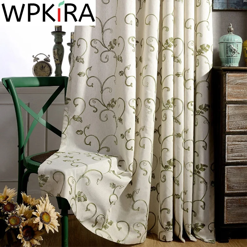 

Green Leaves Embroidered Curtains For Living Room High Shading Cotton Linen Fabric Jacquard Curtain Bedroom Window Drapes WP105H