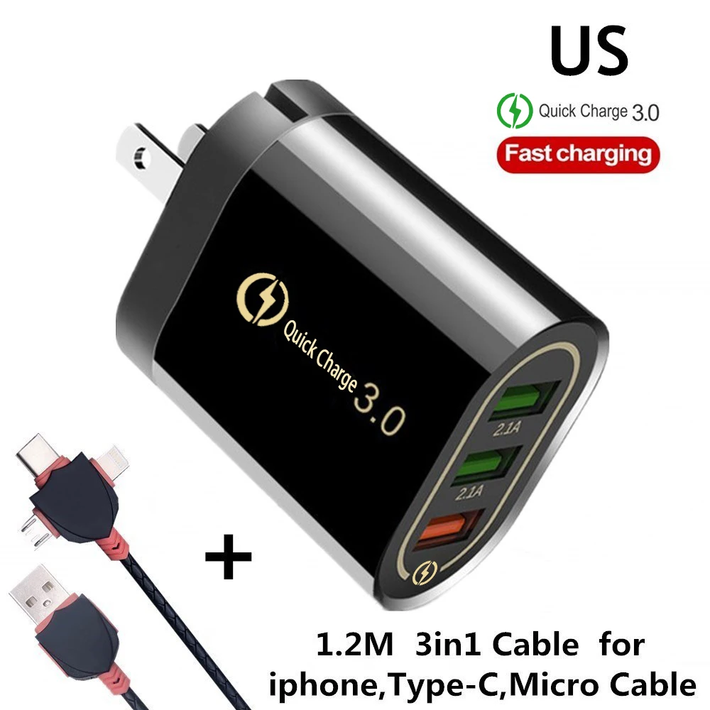 US 3in1 Cable Black Быстрое зарядное устройство для мобильного телефона, USB зарядное устройство, быстрая зарядка 3,0 5 В/3 А, штепсельная вилка EU/US для iphone X 6 7 8 samsung S8 S9, зарядное устройство Xiaomi - Тип штекера: US 3in1 Cable Black