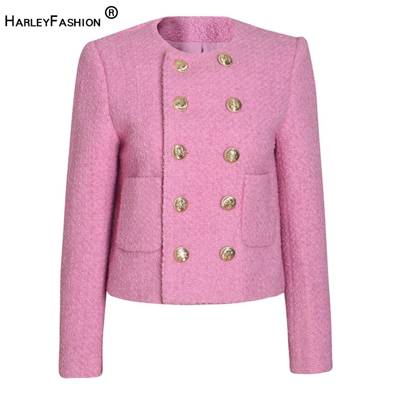 

2022 женское розовое пальто с круглым вырезом, двубортная зимняя одежда, Женская твидовая Милая Короткая куртка