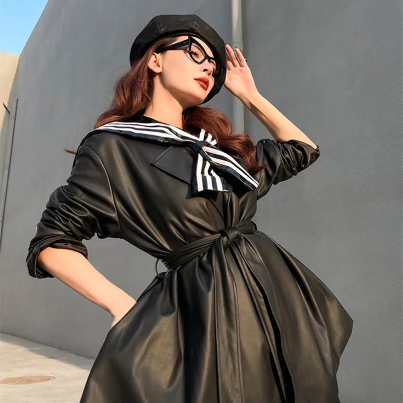 

Le Palais Vintage 2021 Winter New Original Black Long Sleeve Collect Waist Long Pu Coat All-match Fashion Loose Chic Coats Women
