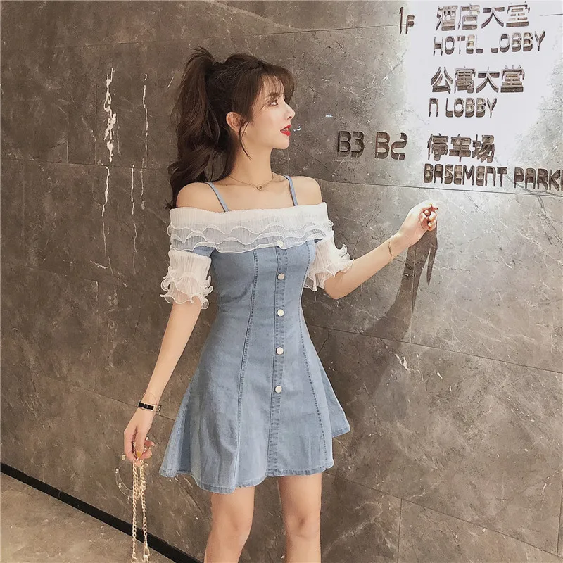 Модное джинсовое платье с открытыми плечами женское платье-спагетти коротким