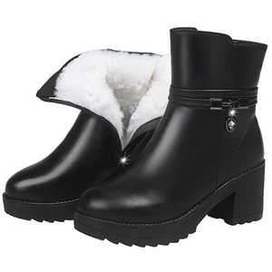 Womens Winter Anlke Boots 2021 Casual Plus Velvet Thick Warm Snow Boots Female Leather High Heels Plush Short Boots Shoes