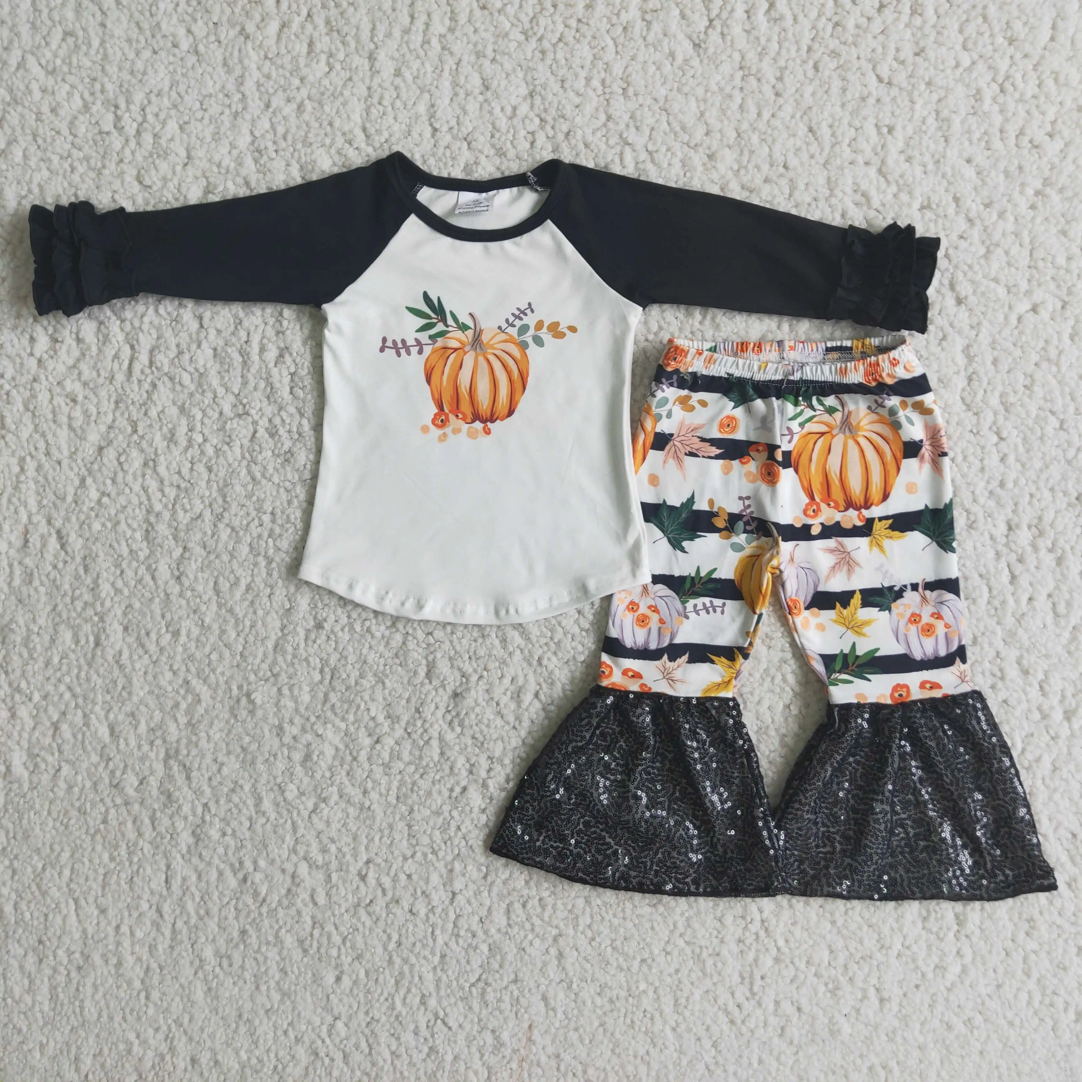 

Long sleeve pumpkin shirt sequin bell bottom pants set toddler girl outfits fall kids clothes online