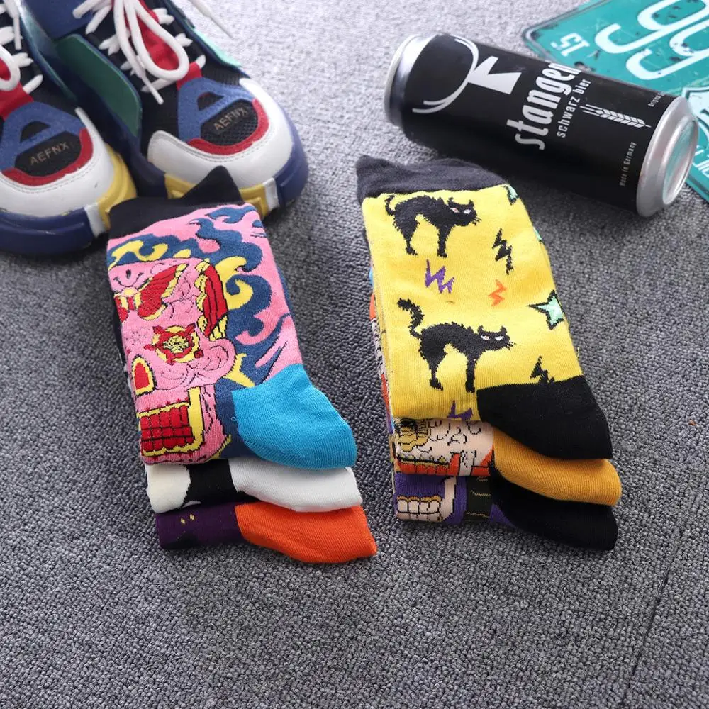 Harajuku happy women funny combed cotton casual Fashion colorful ghost bat pattern Men Long skateboard Unisex Christmas Socks