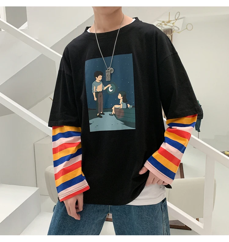 Осенняя новая Корейская версия тренда с длинными рукавами поддельные две части свободного печати супер фея чистая красная Повседневная футболка