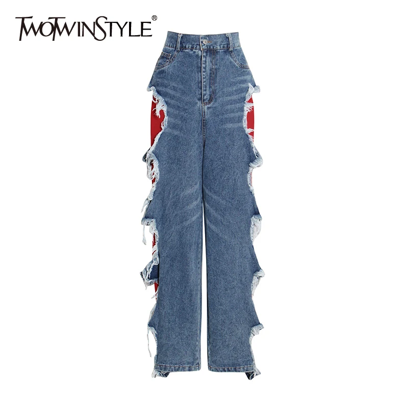 

TWOTWINSTYLE Patchwork Colorblock Denim Pants For Women High Waist Loose Straight Trousers Female Korean Fashion Clothing 2021
