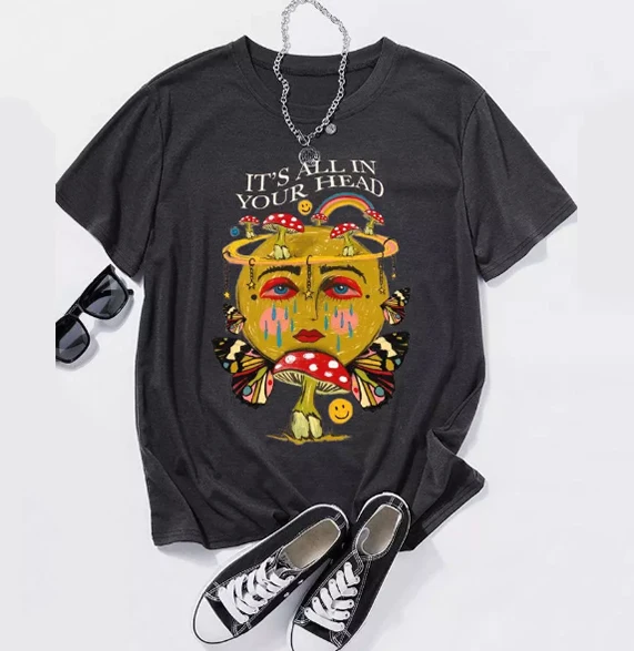 

2022 Повседневная Свободная футболка с круглым вырезом и коротким рукавом с надписью «It's ALL IN YOUR HEAD», эластичная растягивающаяся футболка, лет...