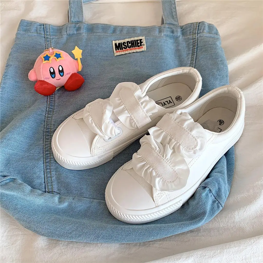 

Women White Sneaker Kawaii Cute Lady Japanese Lace Velcro Plush Flats Spring Casual Canva Footwear Tenis Female 2021