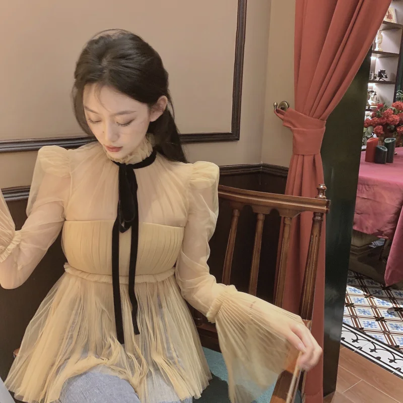 

KUSAHIKI Elegant Bow Tie Stand Neck Mesh Top Blouses Korean Chic Flare Sleeve Blusas Femme 2021 Spring Slim Waist Shirt 6F988