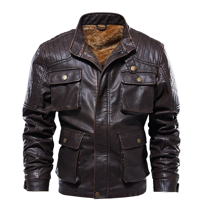 

Autumn Winter New Leather Jacket Men Multi Pocket Motorcycle Leather Jacket Male Boutique Vintage Coat Men Biker Jacket 5XL