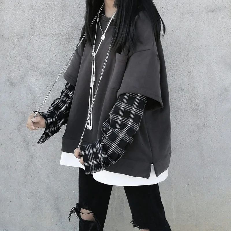 Sudadera con capucha de moda coreana para mujer, suéter a rayas de estilo gótico negro, pantalones, jerséis a cuadros Grunge, 2021