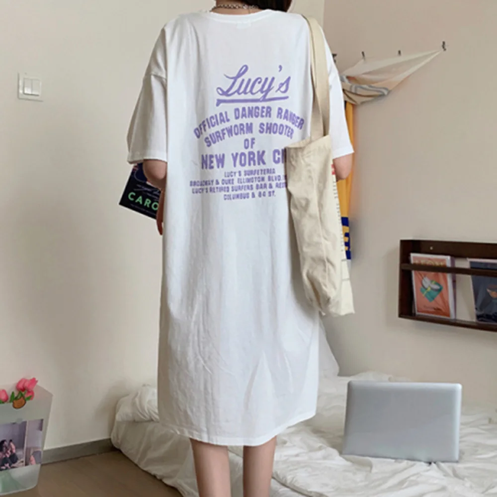 

Korean Version Japanese Women Dress Spring Summer Fashion Temperament Loose Casual Letter Printing Split Round Neck Summer