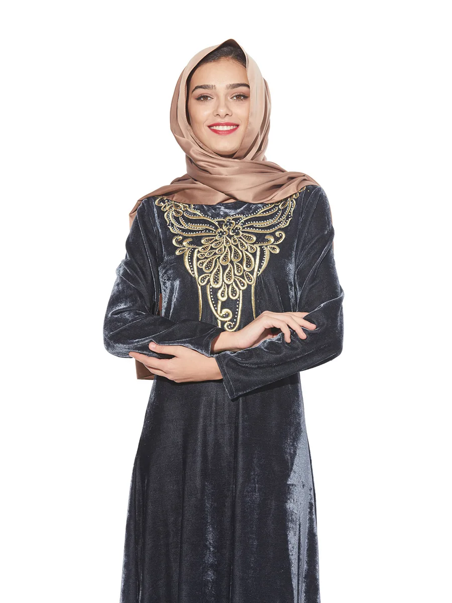 Новинка мусульманское арабское бархатное платье с вышивкой и длинным рукавом