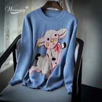 on sale 2021 new runway jacquard knitted pullover blue cute pig pattern sweet fashion jumper c 075