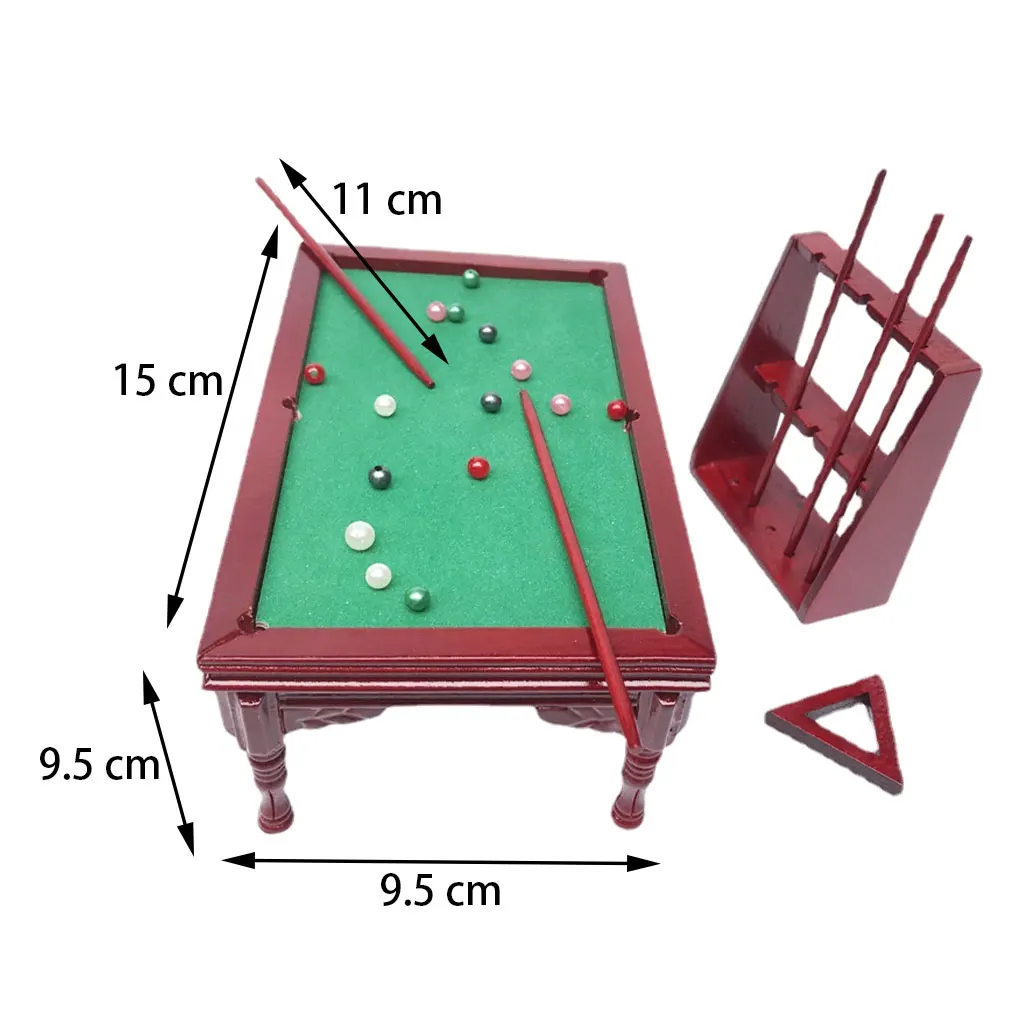 

Miniature Dollhouse 1/12 Wooden Pool Table with Balls and Stand Playset Simulation Furniture Scenery Decor Accs