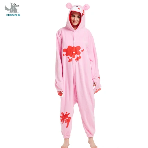 Кигуруми Пижама-комбинезон для взрослых с розовым мрачным медведем мультяшная Пижама животное костюм для Хэллоуина вечеринки комбинезоны с капюшоном пижама костюм наряд