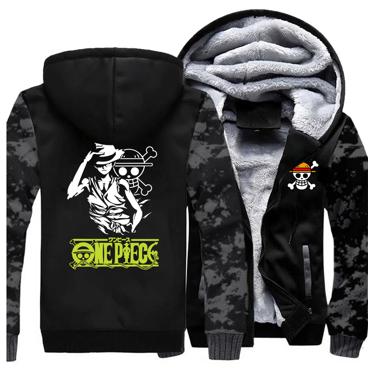 

Japan Anime One Piece Luffy Jackets Men Hoodies Sweatshirt Winter Thick The Pirate King Zipper Coats Sportswear Camo Plus Size