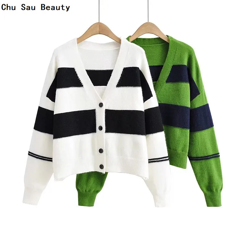 

New ZA Women's Color Matching Striped Loose Cardigan Autumn Fashion V-Neck Single-Breasted Long-Sleeved Casual Sweater Jacket
