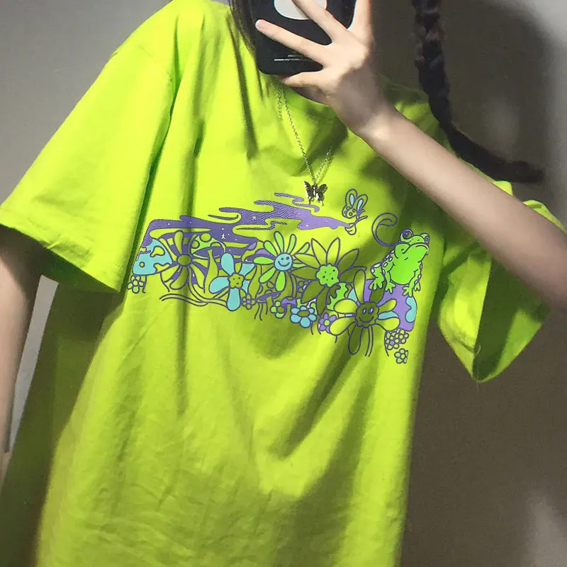 Ретро Модные грибы цветы лягушка Футболка с принтом Egirl гранж эстетику уличная