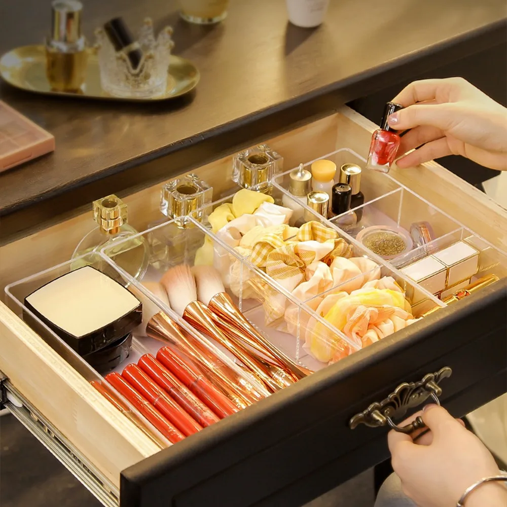 

Clear Acrylic Makeup Layered Storage Box Dressing Table Cosmetic Lipstick Finishing Grid Box Desktop Drawer Storage Compartment