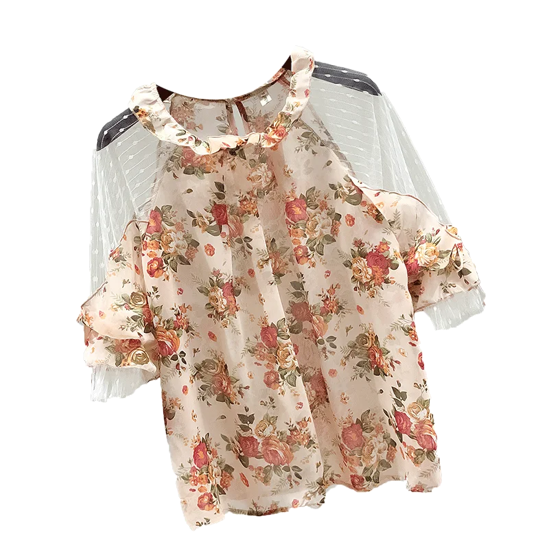 

Loose Top Mujer Floral Print Chiffon Shirt Short-Sleeved Thin Summer Clothing Lace Mesh Off-Shoulder Lotus Leaf T-Shirts