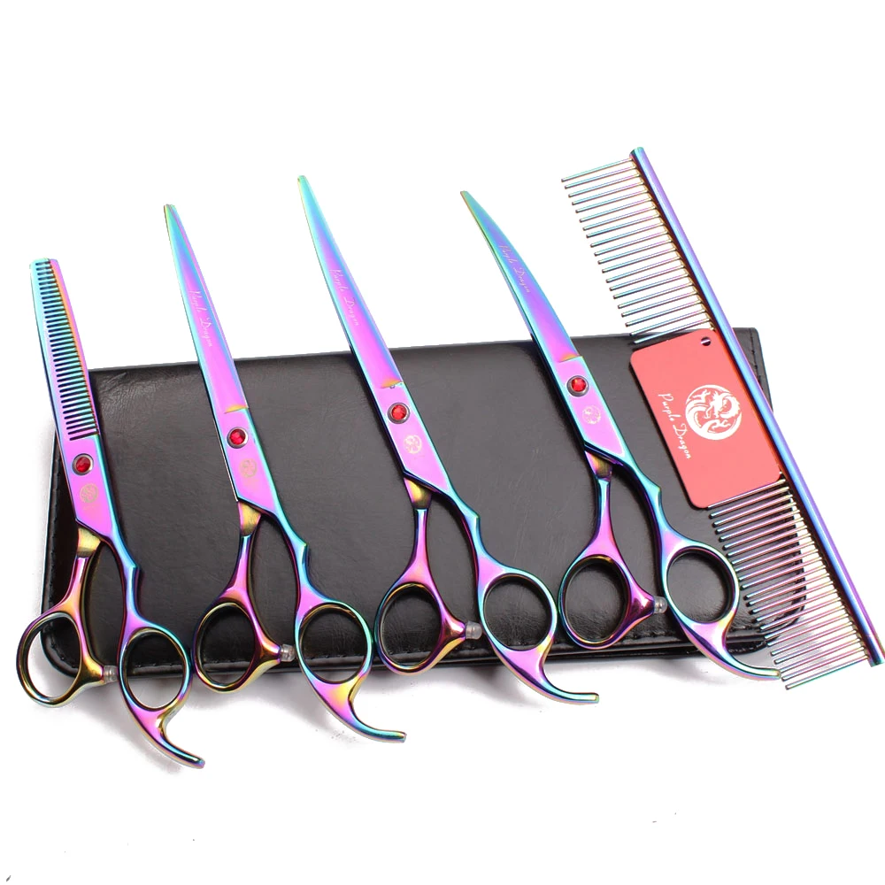 

Purple Dragon Dog Scissors Kit 7" Japan 440C Pet Grooming Scissors Professional Straight Shears Thinning Scissors Curved Z3003