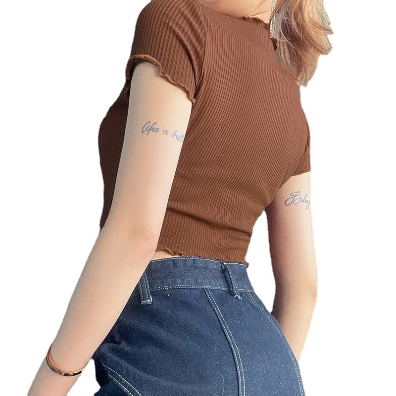 

Eversea Summer new women's wooden ear pit short shirt mushroom embroidered patchwork t-shirt