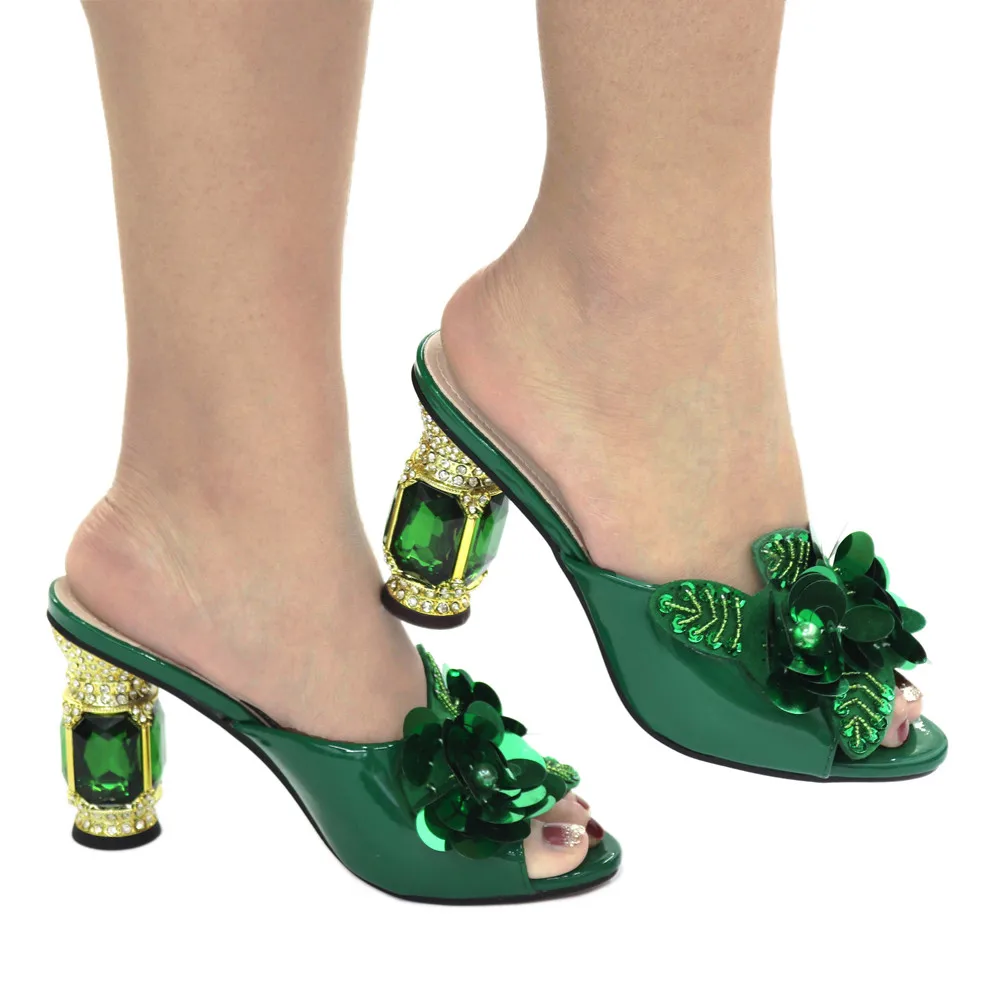 Hot Sale Green Women High Heels 9CM Shoes With Crystal Flower Style Decoration African Dress Pumps For Party CR522