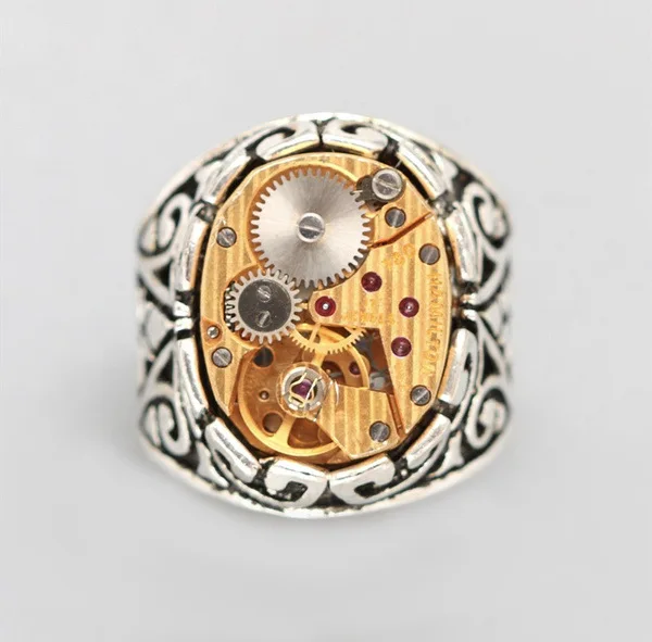 

2021 new 2 Colors Vintage Golden Old Mechanical Pattern Watch Men's Ring Male Jewelry For Party Engagement Accessories Size 6-13