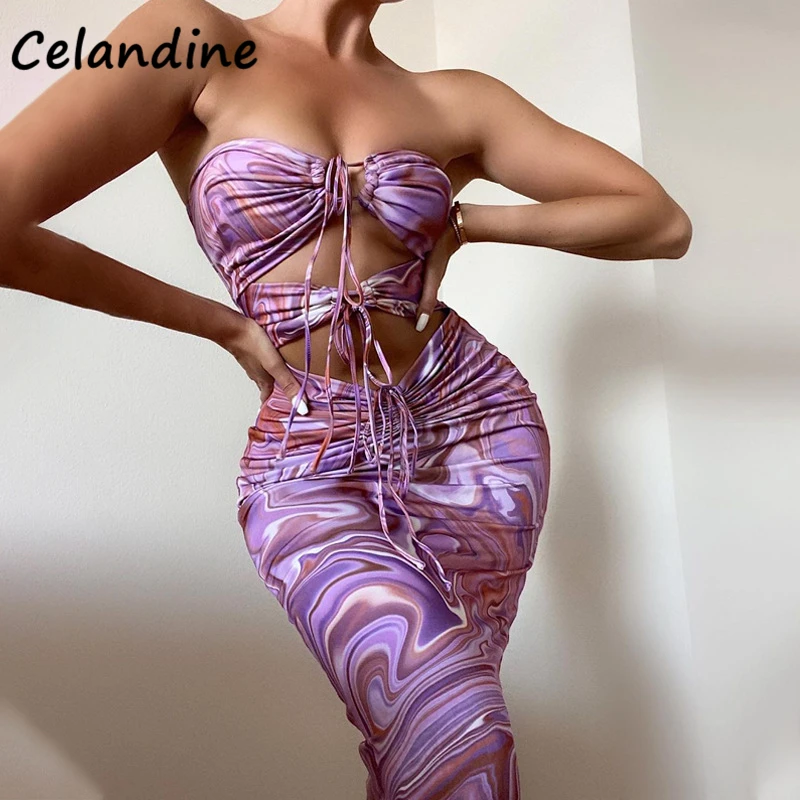 

Celandine Tie Dye Print Y2K Women Midi Hollow Out Bodycon Wrap Summer Dress Fashion Party Halter 2021 Ruched Lace Up Dresses