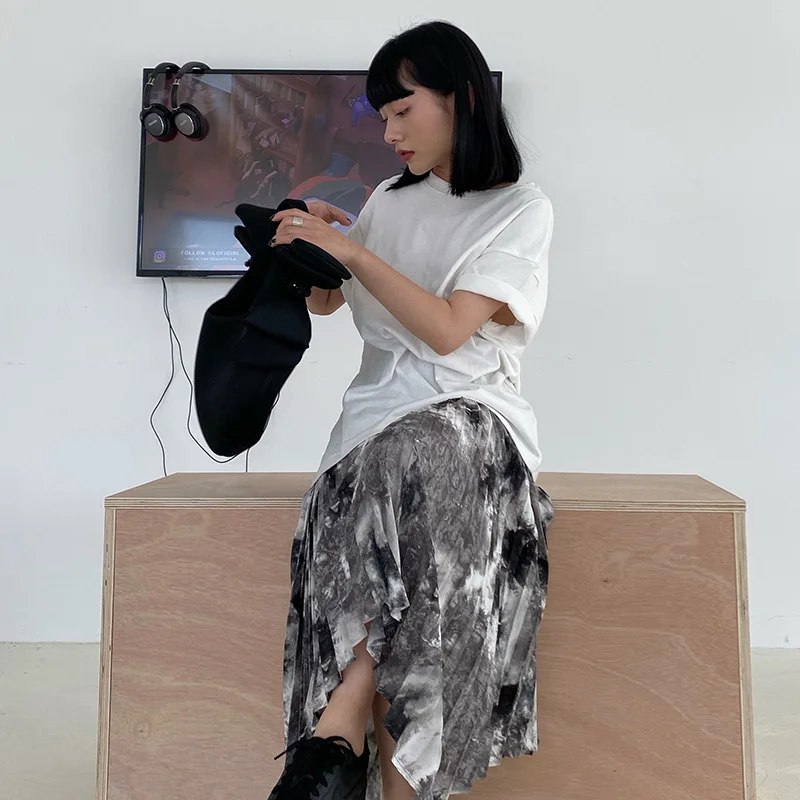 

XITAO Irregular Skirt Fashion New Women Pleated Print Pattern Elastic Waist 2021 Summer Minority Loose Hem Skirt LDD1676