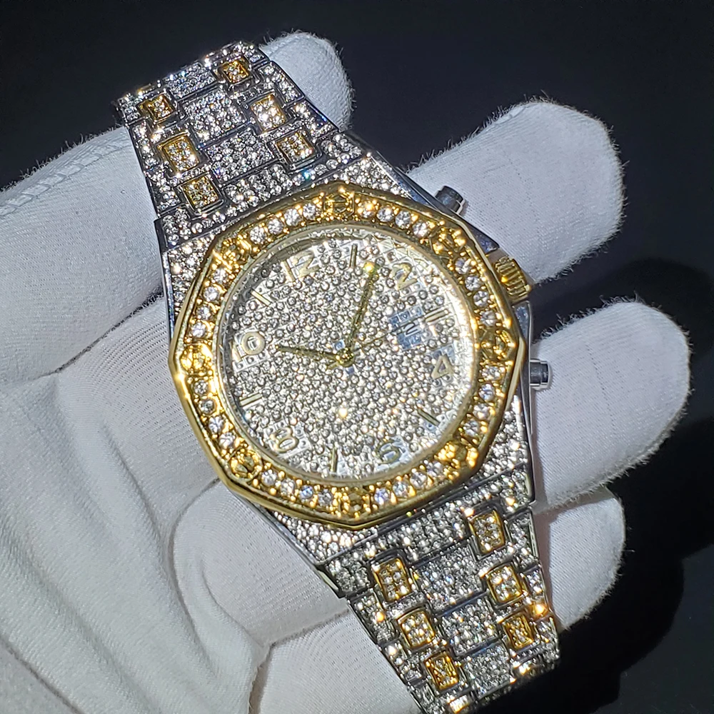 

Hiphop MISSFOX Gold Mens Iced Out Watch Steel Luxury Top Brand Quartz Water proof Wrist Watches for Man Rapper Jewelry Gift