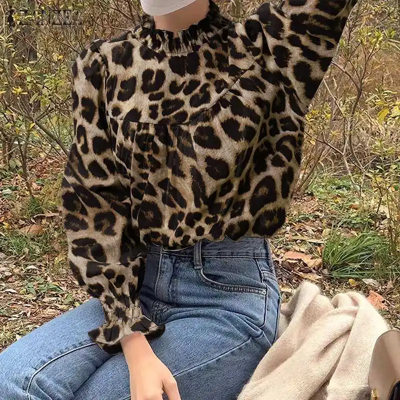

Элегантные офисные топы ZANZEA, Женская туника с леопардовым принтом, осень 2021, Лоскутная Блузка с длинным рукавом, модная женская Повседневна...