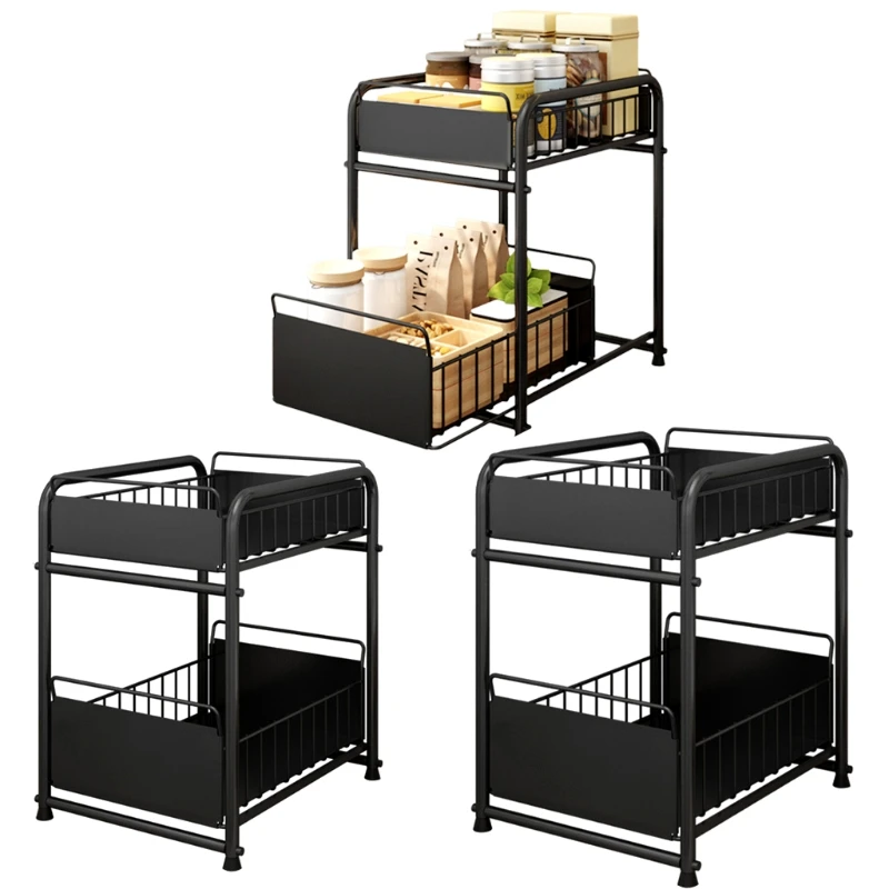 

Black Cabinet Organizer Stackable Storage Shelf with Sliding Baskets Household