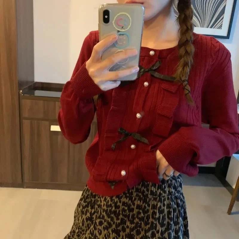 

Women Knitted New Year Ruffles Korean Style Girls Leisure Sweaters Vintage Burgundy Bow Single Breasted O-neck Sweet Cardigans