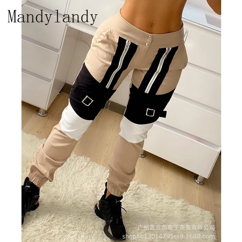 

Mandylandy Long Pants Autumn High Waist Button Pocket Pencil Pants Women's Casual Solid Color Slim Fit Patchwork Zipper Trousers