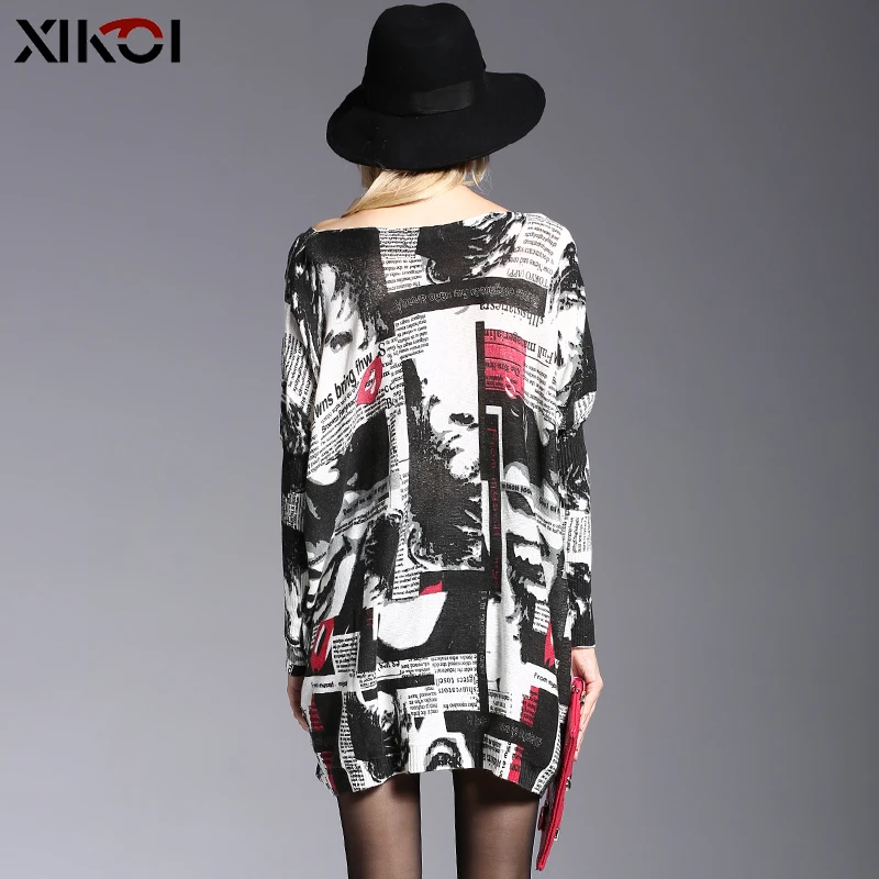 XIKOI Women Oversized Sweater Dress Autumn Pullovers Batwing Sleeve Patchwork Print Slash Neck Pull Femme Knitted Sweaters | Женская