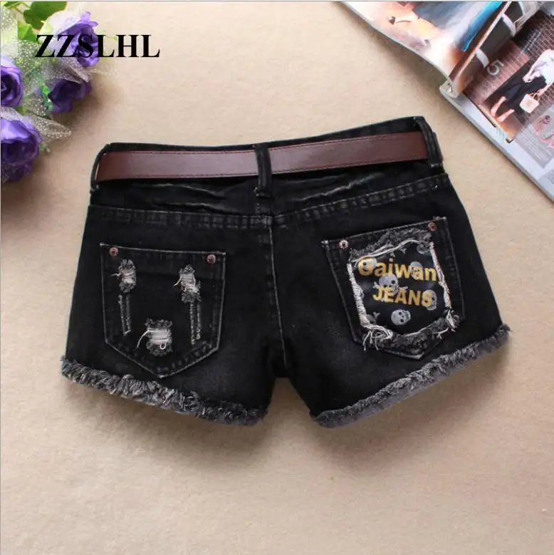 

New Womens Skull Printing Summer Spring Autumn Denim Shorts Black Large Size Washed Female Ripped Jeans Short Without Belt J2739