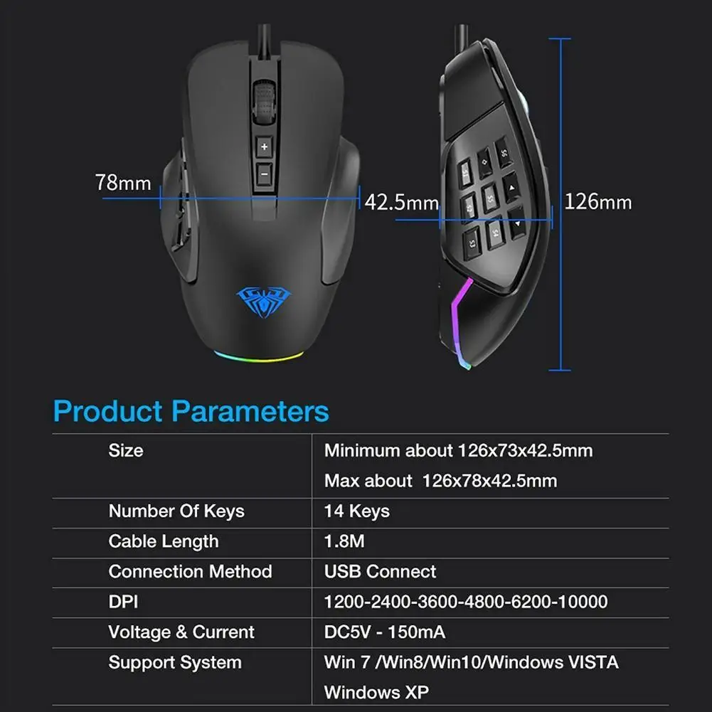 

RGB Wired Gaming Mouse 10000 DPI Side Buttons Macro Programmable Ergonomic 16 Keys Backlit Gamer Mice For Laptop Desktop PC