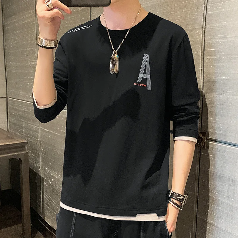 

Мужская футболка с длинным рукавом, Повседневная Свободная куртка с круглым вырезом, корейский стиль, новинка 2021