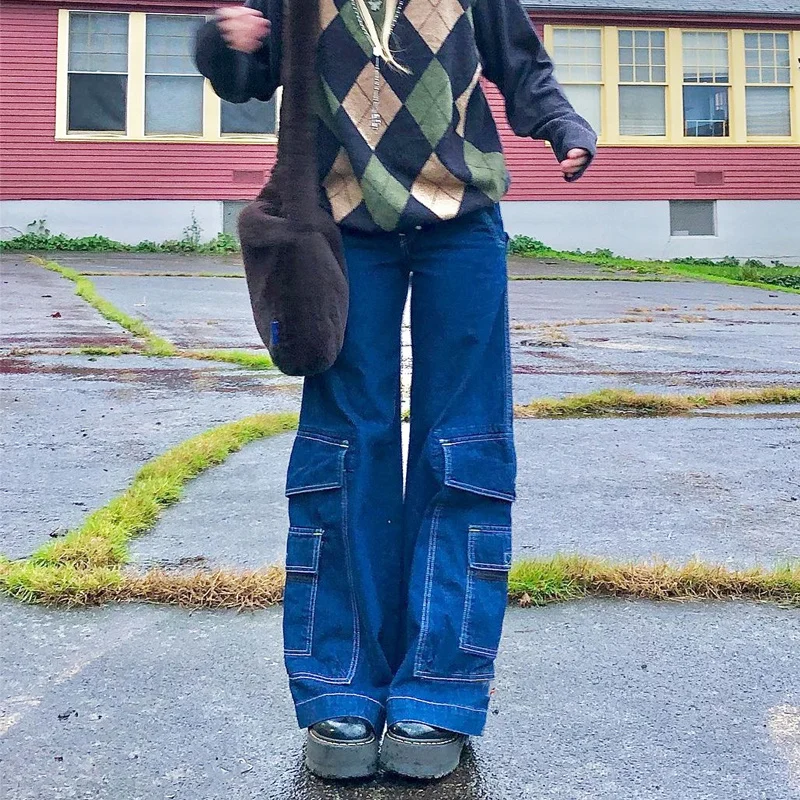 

Женские джинсы в стиле пэчворк с карманами, винтажные повседневные мешковатые прямые брюки с высокой талией, длинные брюки, Повседневная Ул...