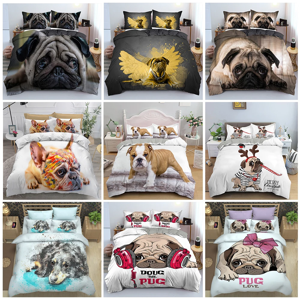 

Cute Pug French Bulldog Duvet Cover With Pillowcase King Queen Single Kids 2/3Pcs Funny Dog Bedding Set Cartoon Animal Comforter