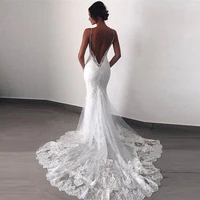 wholesale charming white mermaid lace open back bridal wedding gowns spaghetti straps appliqued wedding dresses for bride 2021