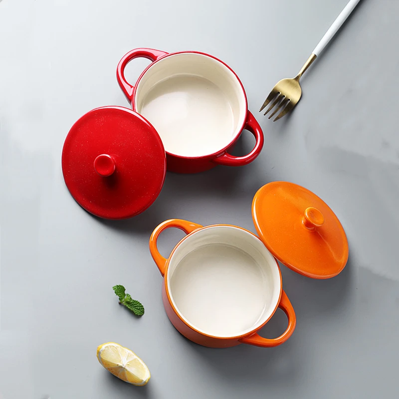 

Ceramics Steamed Egg Bowl Binaural with Cover China High Temperature Resistant Small Stew Pot Kitchen Baby Food Supplement Bowl