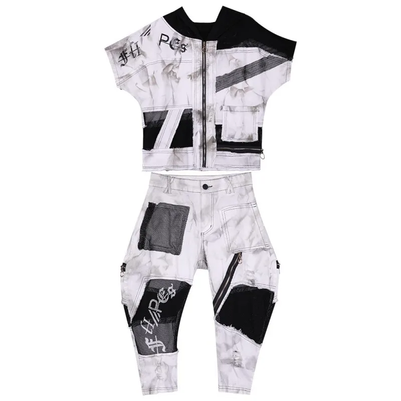 

Street 2 Piece Set Women Summer White Casual Harem Pants Short Hooded Jacket Zipper Mesh Patchwork Hip-Hop Coat Sweatpants Set