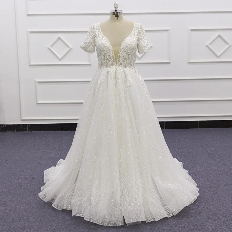 

Molanda Hung Elegant Wedding Dress V-Neck Appliques Beaded Short Sleeve Illusion Princess Vestido De Noiva Robe De Mariee SJ364