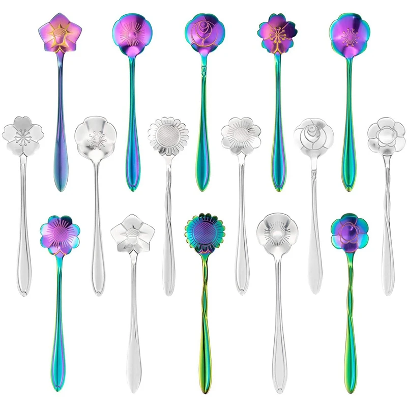 16 Pack Flower Spoon Set Diffient Pattern Stainless Steel Stirring for Coffee Tea Mix Sugar Ice Cream | Дом и сад